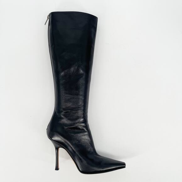 Jimmy Choo Peony Black Leather Pointed Square Toe Knee High Heeled Boot IT 39 - Picture 2 of 12